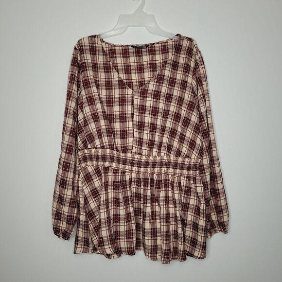 Bloomchic red cream plaid peplum cottage cabin plus size top size 18-20 - Picture 1 of 6